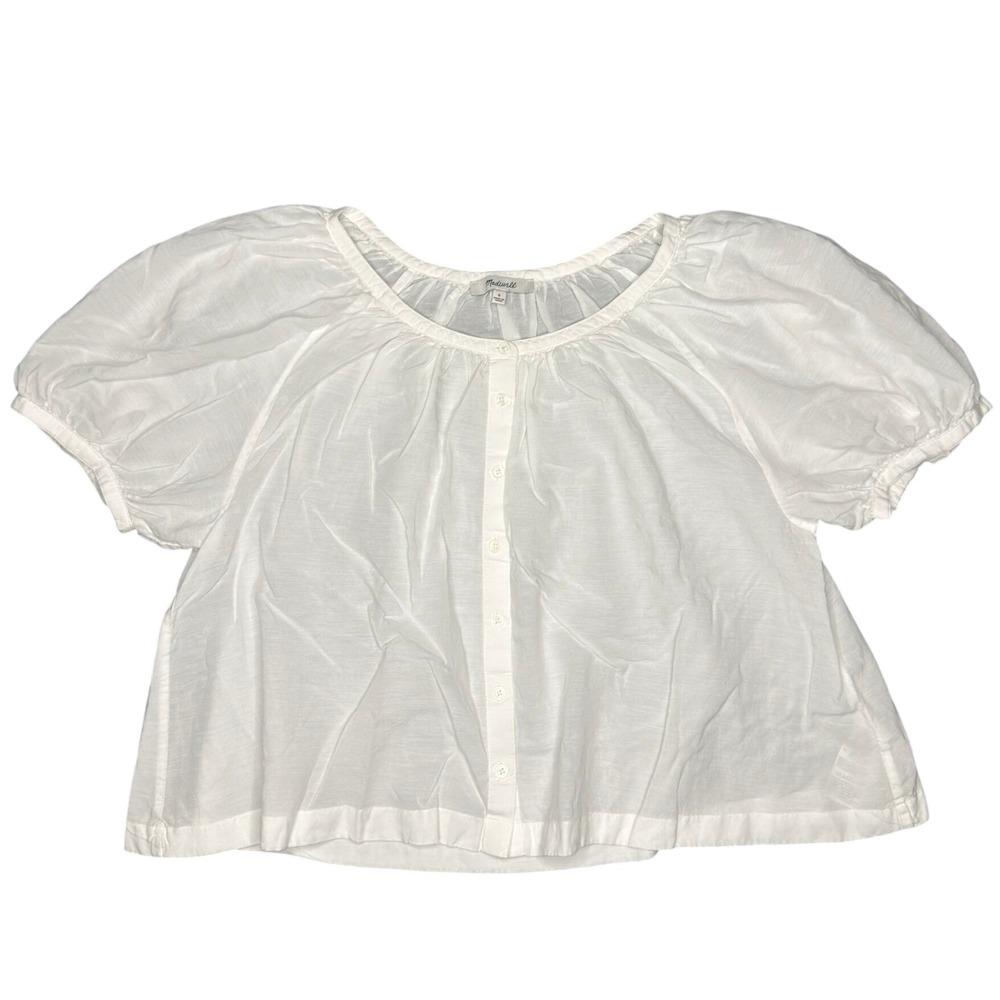 Madewell Blouse S White Puff Sleeve Button Front Cropped Cotton Viscose Top